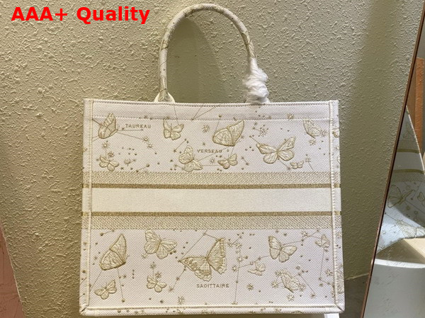 Dior Large Dior Book Tote Gold Tone and White Butterfly Zodiac Embroidery Replica