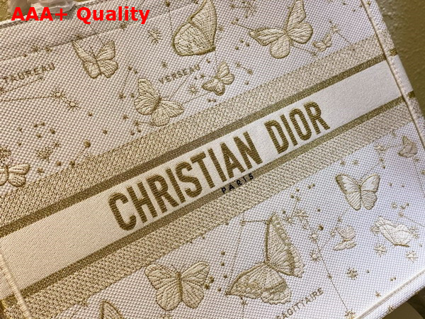 Dior Large Dior Book Tote Gold Tone and White Butterfly Zodiac Embroidery Replica