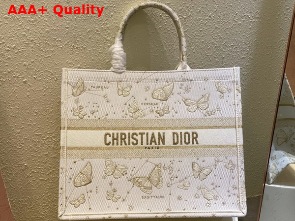 Dior Large Dior Book Tote Gold Tone and White Butterfly Zodiac Embroidery Replica