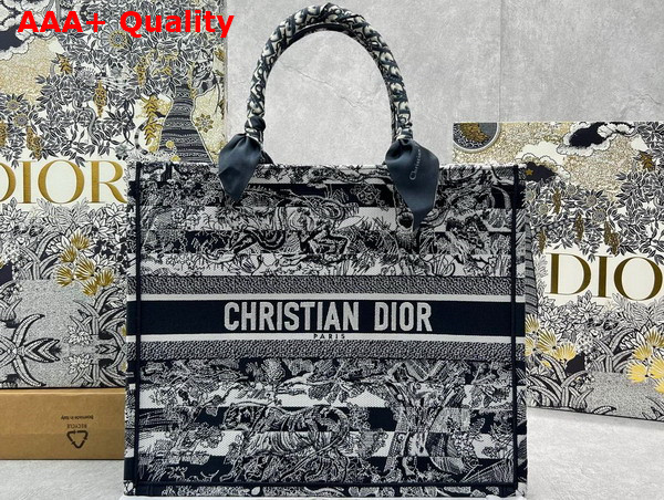 Dior Large Dior Book Tote Navy Blue Toile de Jouy Stripes Embroidery Replica