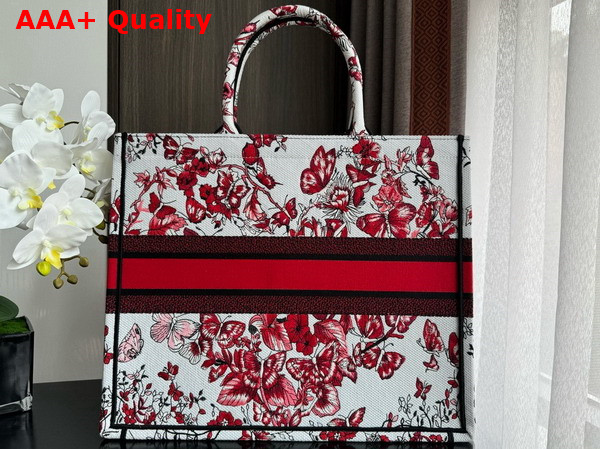 Dior Large Dior Book Tote White and Red Le Coeur Des Papillons Embroidery Replica