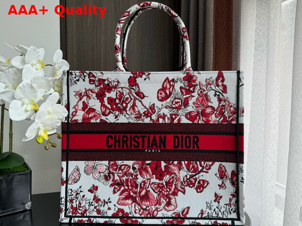 Dior Large Dior Book Tote White and Red Le Coeur Des Papillons Embroidery Replica