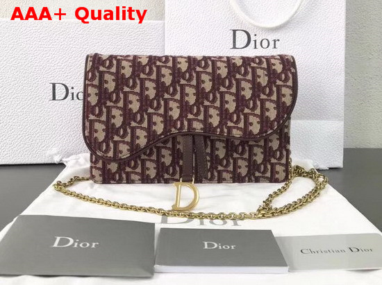 Dior Large Saddle Wallet on Chain Clutch in Burgundy Dior Oblique Jacquard Canvas Replica