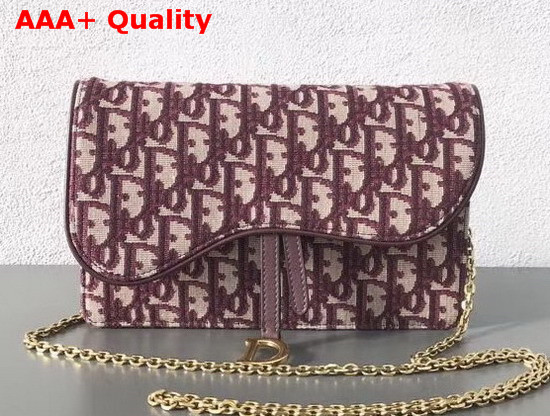 Dior Large Saddle Wallet on Chain Clutch in Burgundy Dior Oblique Jacquard Canvas Replica