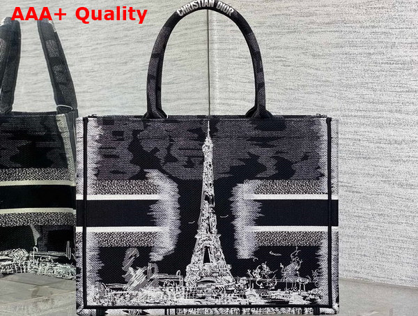 Dior Medium Dior Book Tote Black and White Paris Embroidery Replica