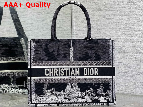 Dior Medium Dior Book Tote Black and White Paris Embroidery Replica