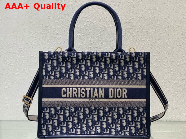 Dior Medium Dior Book Tote Blue Dior Oblique Embroidery and Calfskin Replica