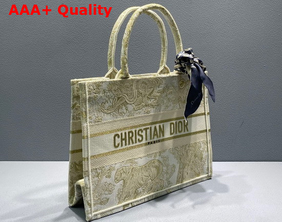 Dior Medium Dior Book Tote Gold Tone Toile de Jouy Embroidery Replica