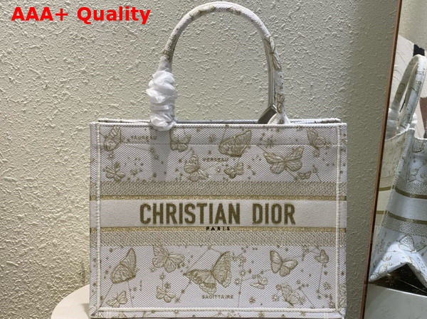 Dior Medium Dior Book Tote Gold Tone and White Butterfly Zodiac Embroidery Replica