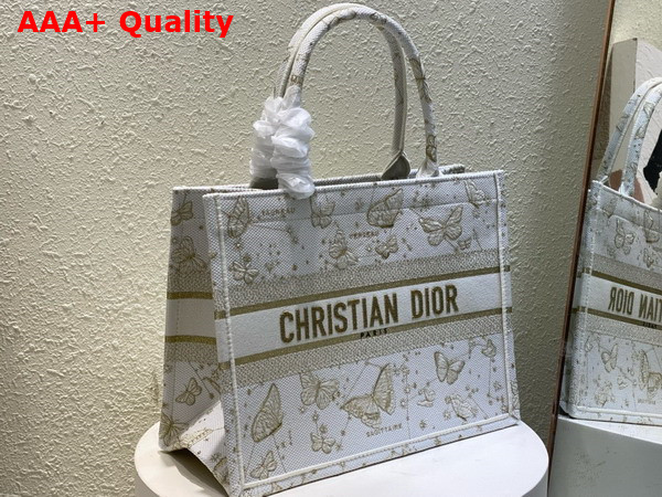 Dior Medium Dior Book Tote Gold Tone and White Butterfly Zodiac Embroidery Replica