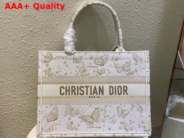 Dior Medium Dior Book Tote Gold Tone and White Butterfly Zodiac Embroidery Replica