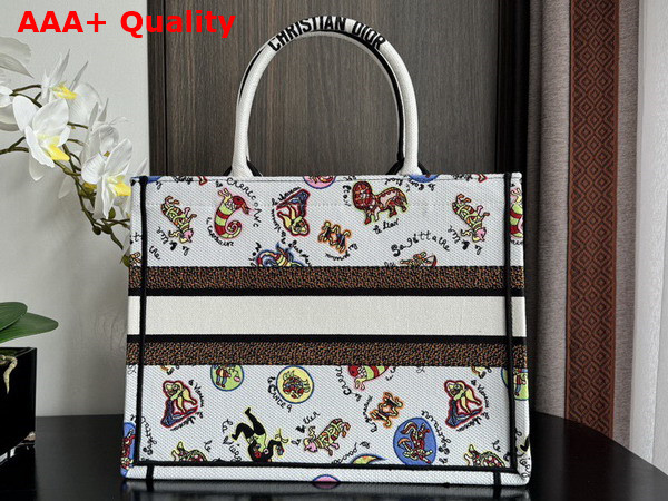 Dior Medium Dior Book Tote White Multicolor Dragon Zodiac Embroidery Replica