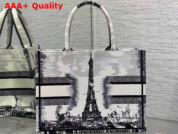 Dior Medium Dior Book Tote White and Black Paris Embroidery Replica