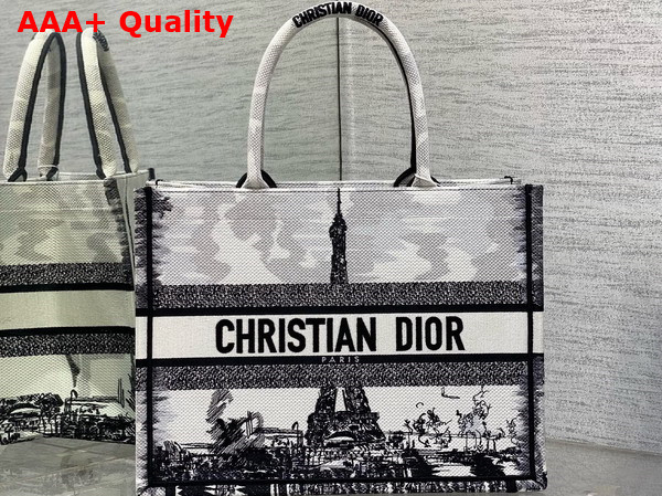 Dior Medium Dior Book Tote White and Black Paris Embroidery Replica