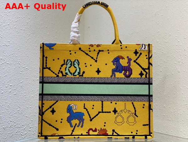 Dior Medium Dior Book Tote Yellow Multicolor Dior Pixel Zodiac Embroidery Replica