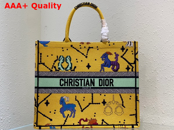 Dior Medium Dior Book Tote Yellow Multicolor Dior Pixel Zodiac Embroidery Replica