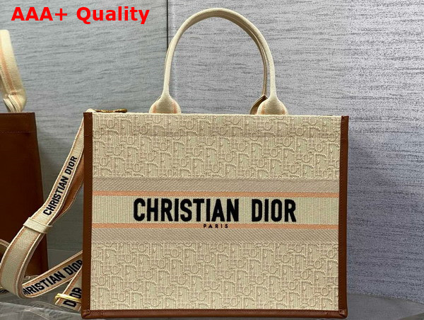 Dior Medium Dior Book Tote in Beige Dior Oblique Embroidered Raffia and Camel Calfskin Replica