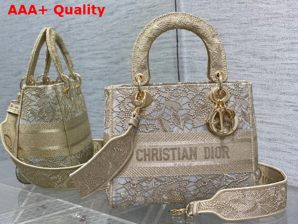 Dior Medium Dior Or Lady D Lite Bag Gold Tone D Lace Embroidery with Macrame Effect Replica