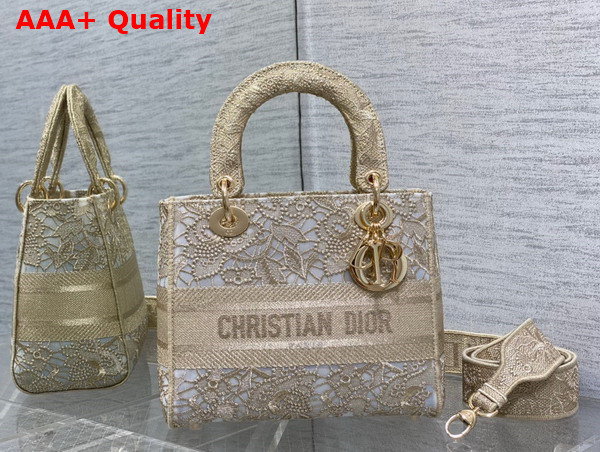 Dior Medium Dior Or Lady D Lite Bag Gold Tone D Lace Embroidery with Macrame Effect Replica