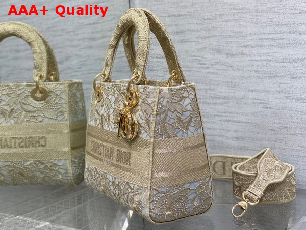 Dior Medium Dior Or Lady D Lite Bag Gold Tone D Lace Embroidery with Macrame Effect Replica