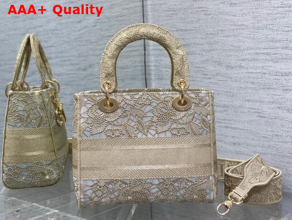 Dior Medium Dior Or Lady D Lite Bag Gold Tone D Lace Embroidery with Macrame Effect Replica