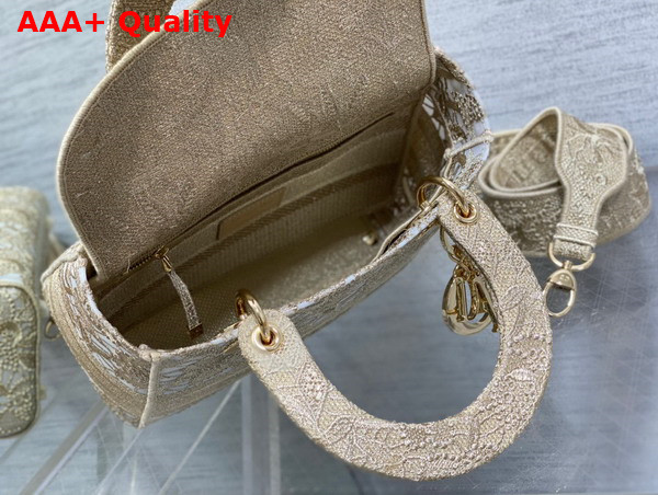 Dior Medium Dior Or Lady D Lite Bag Gold Tone D Lace Embroidery with Macrame Effect Replica