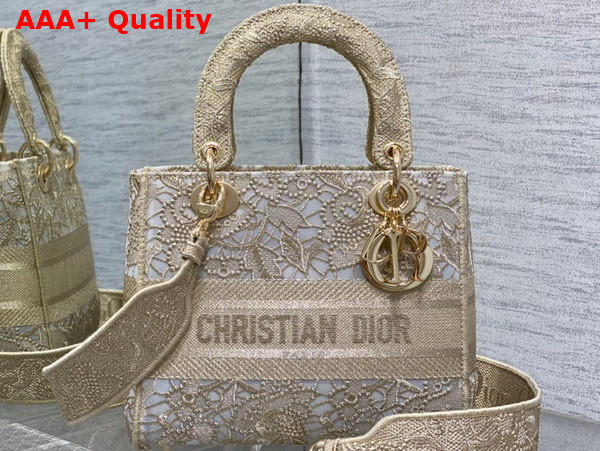 Dior Medium Dior Or Lady D Lite Bag Gold Tone D Lace Embroidery with Macrame Effect Replica