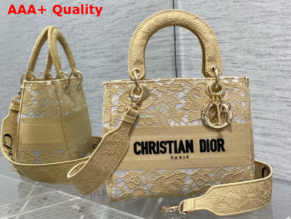 Dior Medium Dior Or Lady D Lite Bag Natural D Lace Embroidery with Macrame Effect Replica