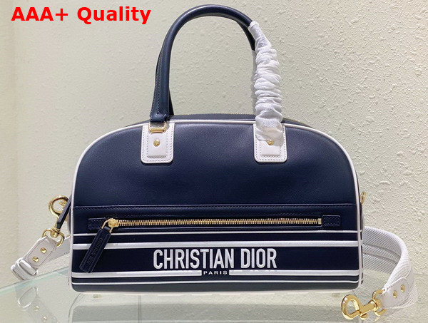 Dior Medium Dior Vibe Zip Bowling Bag Blue and White Smooth Calfskin Replica