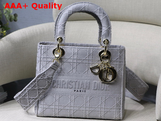 Dior Medium Gray Stone Lady D Lite Embroidered Cannage Bag Replica