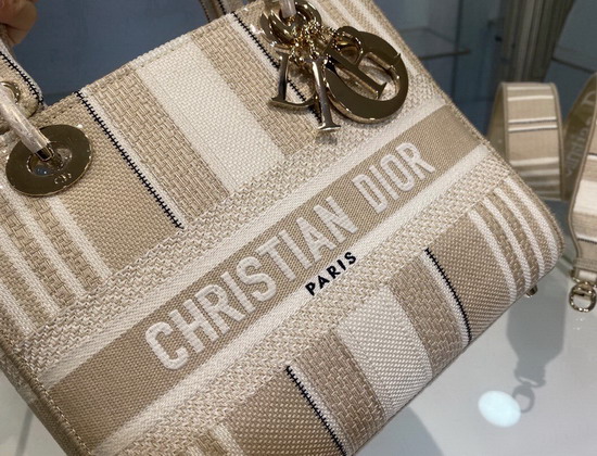 Dior Medium Lady D Lite Bag Beige Stripes Embroidery Replica