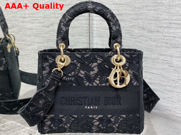 Dior Medium Lady D Lite Bag Black Macrame Effect Embroidery Replica