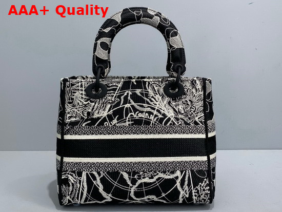 Dior Medium Lady D Lite Bag Black and White Dior Around the World Embroidery Replica