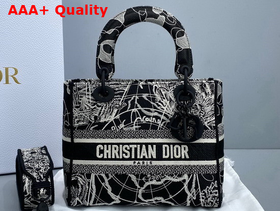 Dior Medium Lady D Lite Bag Black and White Dior Around the World Embroidery Replica