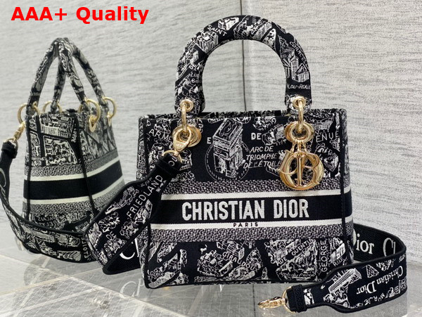 Dior Medium Lady D Lite Bag Black and White Plan de Paris Embroidery Replica