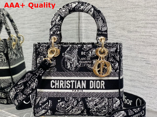 Dior Medium Lady D Lite Bag Black and White Plan de Paris Embroidery Replica