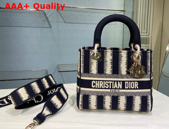 Dior Medium Lady D Lite Bag Blue D Stripes Embroidery Replica