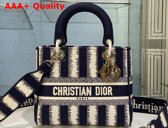 Dior Medium Lady D Lite Bag Blue D Stripes Embroidery Replica