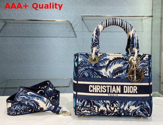 Dior Medium Lady D Lite Bag Blue Dior Palms Embroidery Replica