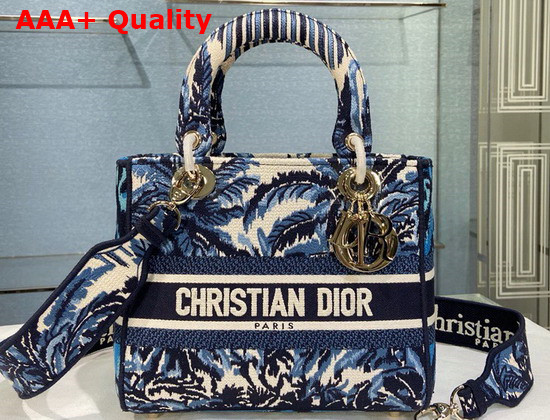 Dior Medium Lady D Lite Bag Blue Dior Palms Embroidery Replica