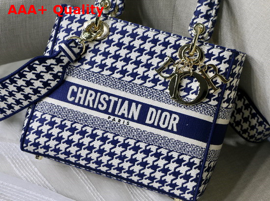 Dior Medium Lady D Lite Bag Blue and White Houndstooth Embroidery Replica