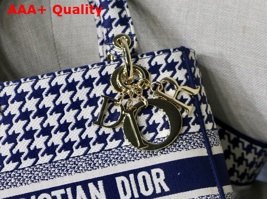 Dior Medium Lady D Lite Bag Blue and White Houndstooth Embroidery Replica