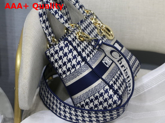 Dior Medium Lady D Lite Bag Blue and White Houndstooth Embroidery Replica