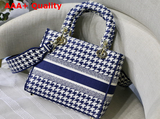 Dior Medium Lady D Lite Bag Blue and White Houndstooth Embroidery Replica