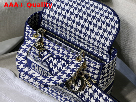 Dior Medium Lady D Lite Bag Blue and White Houndstooth Embroidery Replica