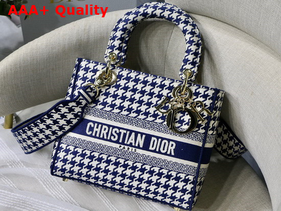 Dior Medium Lady D Lite Bag Blue and White Houndstooth Embroidery Replica