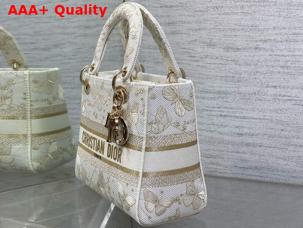 Dior Medium Lady D Lite Bag Gold Tone and White Butterfly Zodiac Embroidery Replica