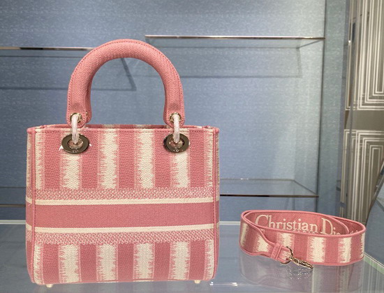 Dior Medium Lady D Lite Bag Pink Stripes Embroidery Replica