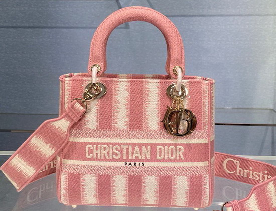 Dior Medium Lady D Lite Bag Pink Stripes Embroidery Replica