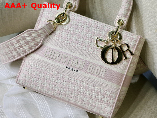 Dior Medium Lady D Lite Bag Pink and White Houndstooth Embroidery Replica